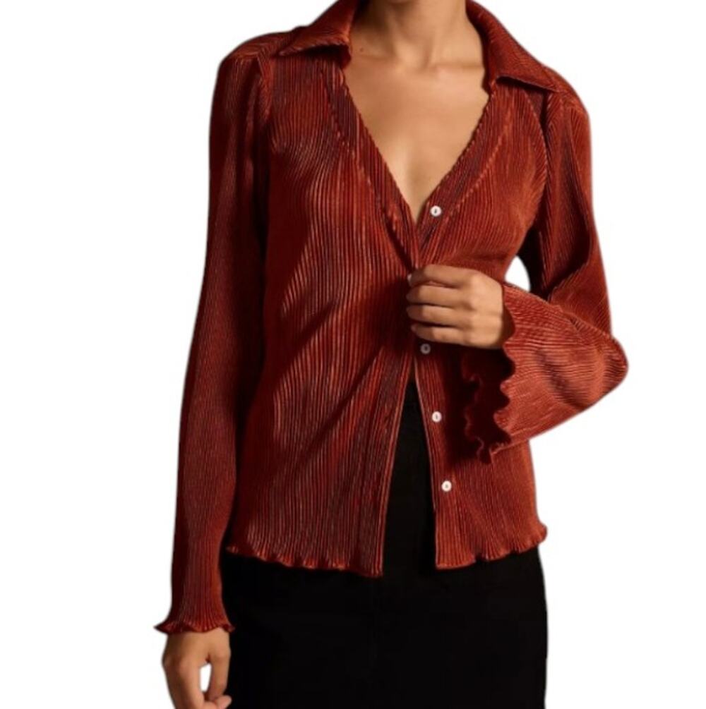 Anthropologie Dolan Women's Size M Lettuce Hem Pleated Button-Up Blouse Rust